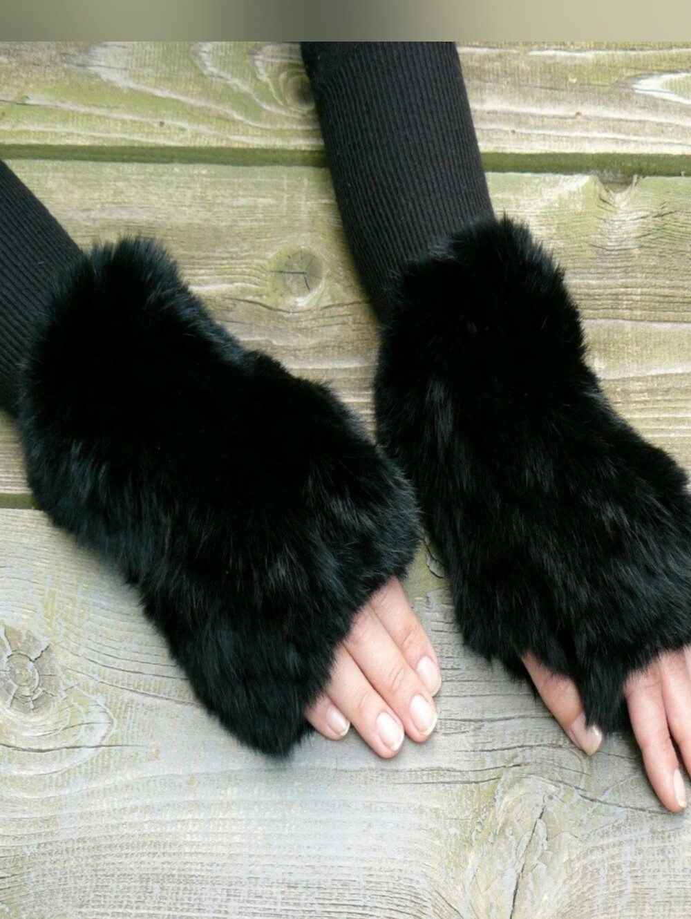Black Genuine Rabbit Fur Fingerless Gloves, Soft Winter Arm Warmers